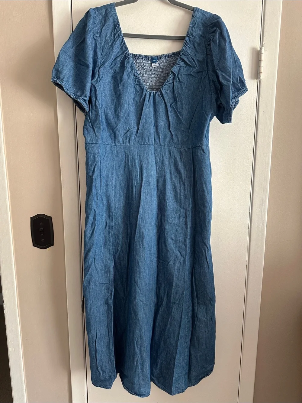 Blue Denim Midi Dress with V-Neck - Picture 1 of 3
